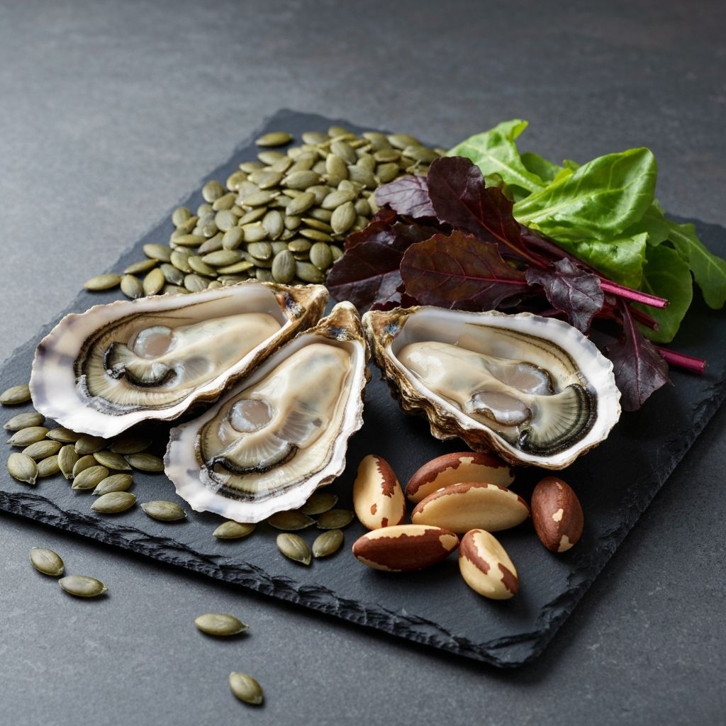 Mineral-rich foods including oysters, seeds, and nuts